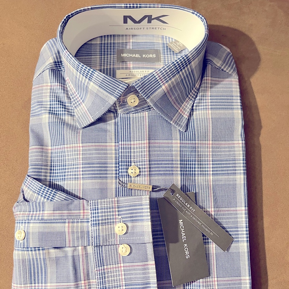 Michael Kors Men’s Plaid Regular Fit dress shirt Navy Multi 14 1/2 32-33